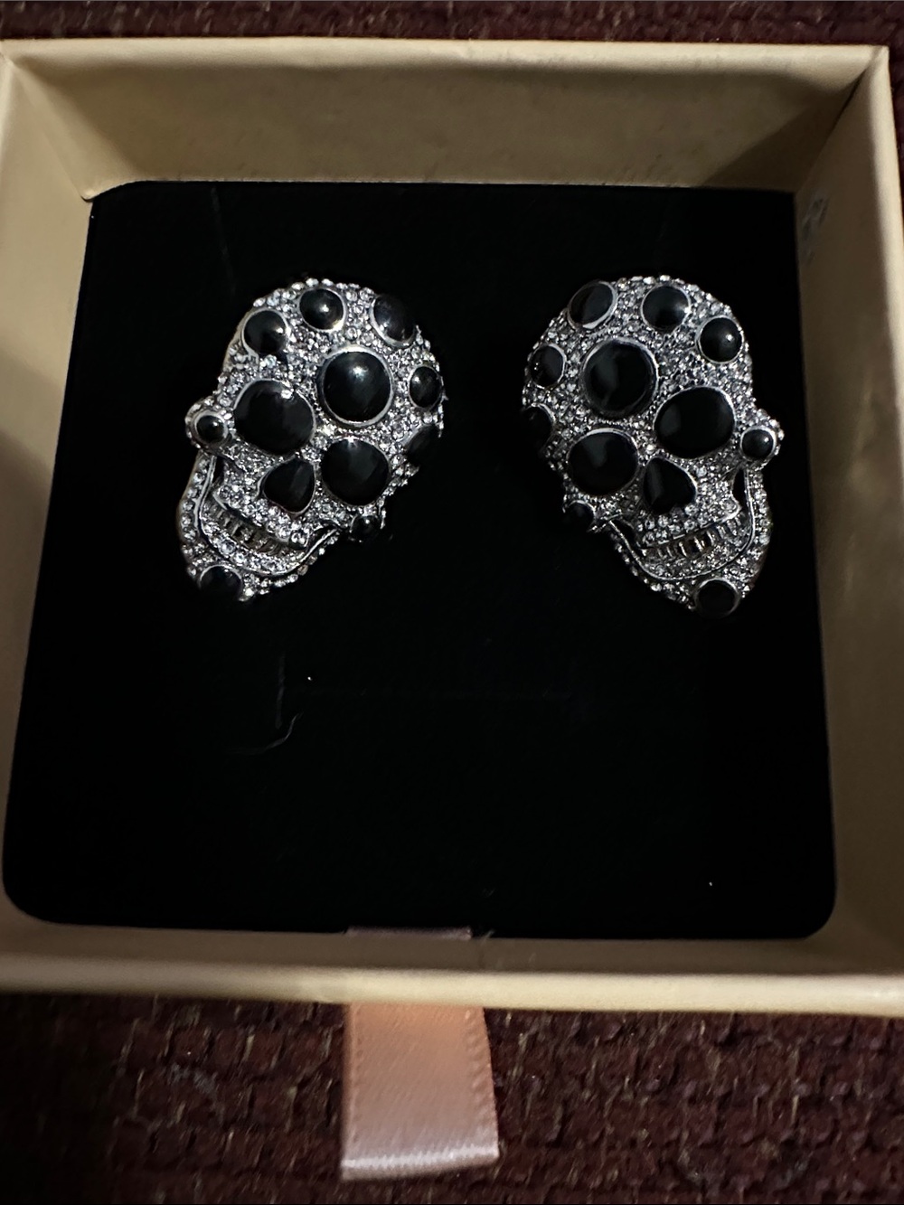 Skull Stud Earrings with Black Cabochons and Silver Crystals